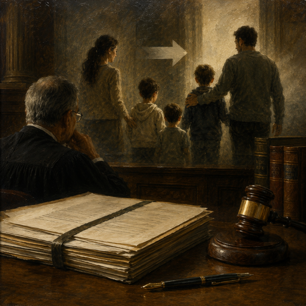 Juez observando un expediente judicial mientras, al fondo, unos menores pasan de la custodia materna a la paterna, en una escena simbólica sobre la necesidad de adaptar las resoluciones judiciales a los cambios familiares ocurridos durante el procedimiento.