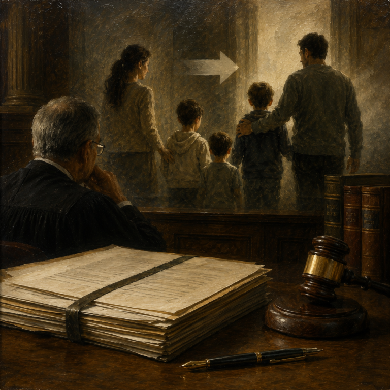 Juez observando un expediente judicial mientras, al fondo, unos menores pasan de la custodia materna a la paterna, en una escena simbólica sobre la necesidad de adaptar las resoluciones judiciales a los cambios familiares ocurridos durante el procedimiento.